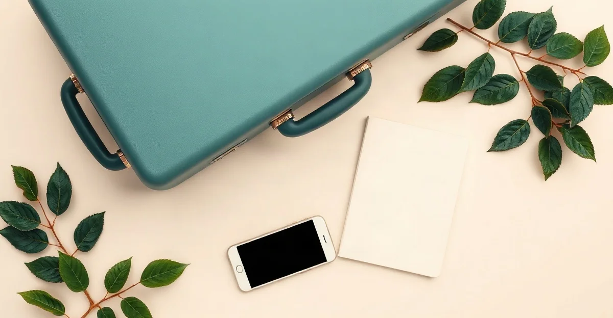 Maleta verde, libreta en blanco y celular con la pantalla apagada sobre una superficie clara con hojas verdes