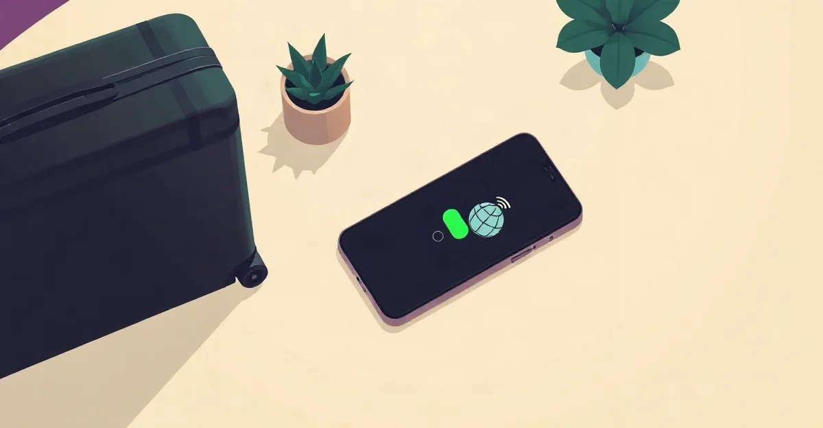 Ilustración de un celular sobre una mesa crema con un interruptor verde encendido y un globo con ondas de señal en pantalla, junto a una maleta verde oscuro y plantas en maceta