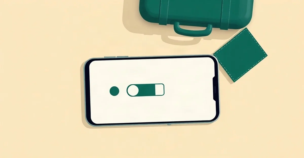 Celular acostado sobre un fondo crema con un interruptor apagado en pantalla, junto a una maleta de viaje en tonos verdes