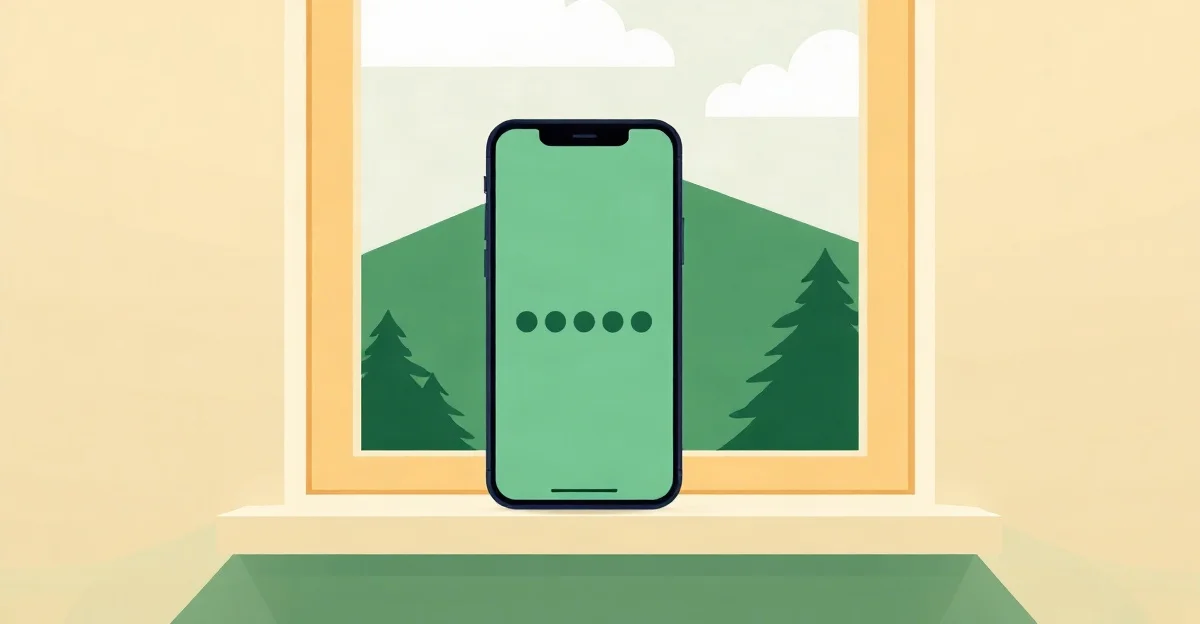 Celular sobre el alféizar de una ventana con las barras de señal apagadas y un paisaje de colinas verdes al fondo