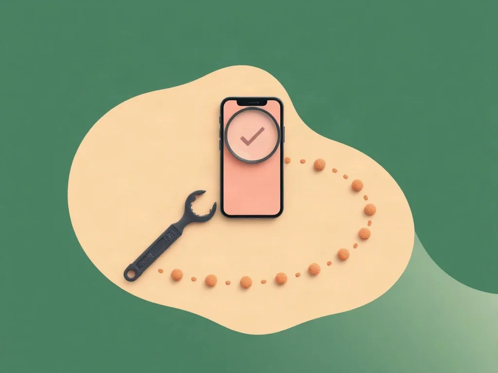 Celular con una lupa, una llave y una fila de puntos que llevan a una marca de verificación, como un diagnóstico paso a paso
