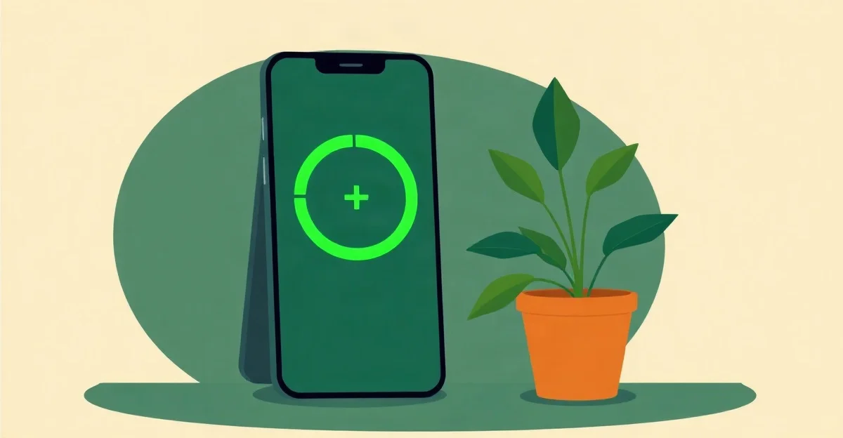 Celular con un anillo de progreso verde que se vuelve a llenar y un signo de más, junto a una planta en maceta