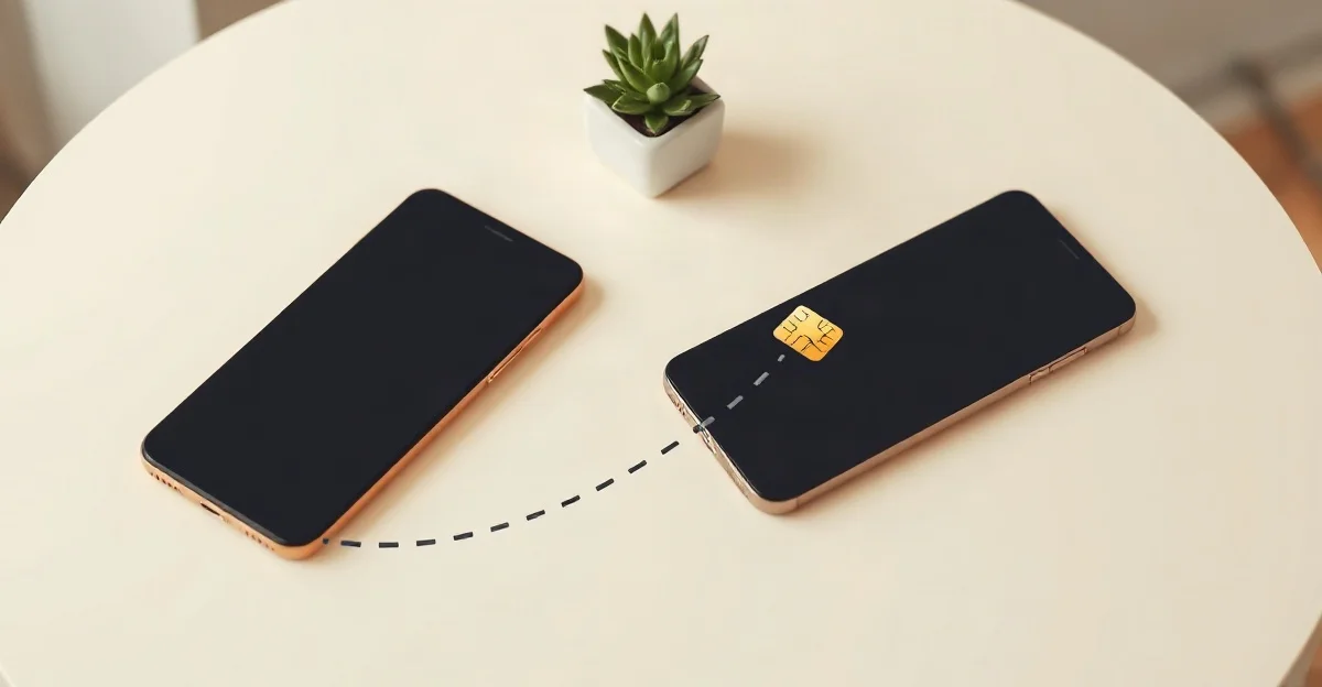 Dos celulares sobre una mesa blanca unidos por una línea punteada que lleva un pequeño chip de uno a otro, junto a una suculenta en maceta