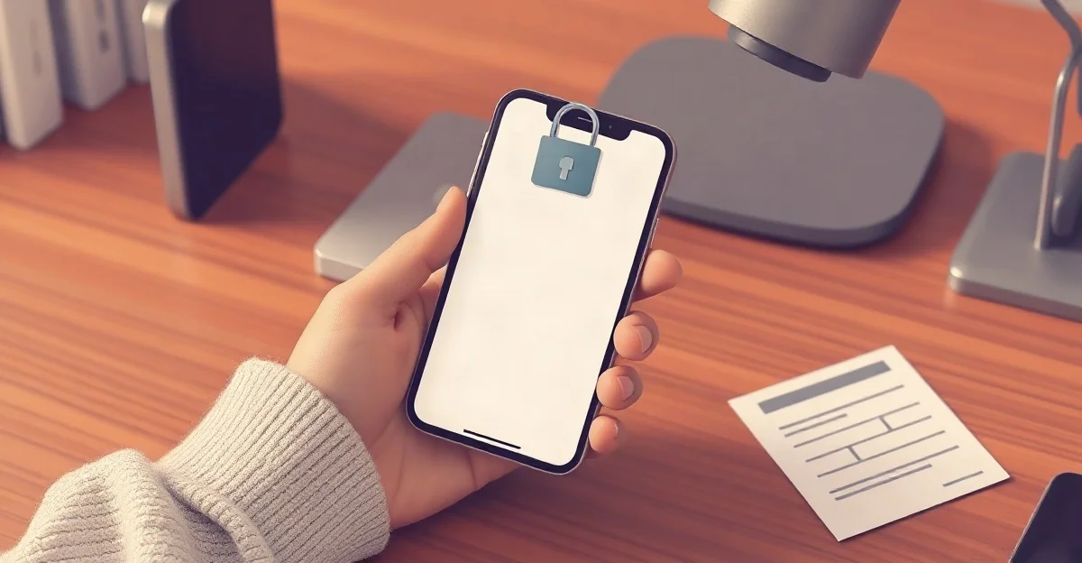 Ilustración editorial de una persona sosteniendo un celular genérico con un candado abierto flotando sobre la pantalla, sobre un escritorio de madera