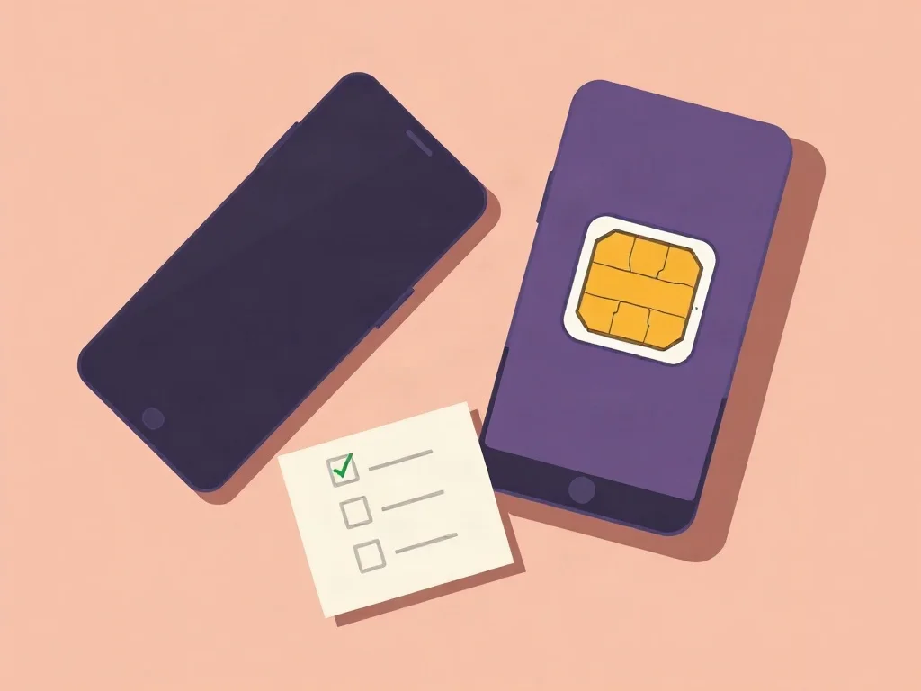 Celular genérico junto a una bandeja de chip abierta y una tarjeta con lista de verificación palomeada