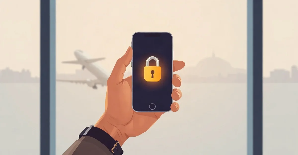Mano de un viajero sosteniendo un celular genérico frente a una ventana de aeropuerto con un avión al fondo