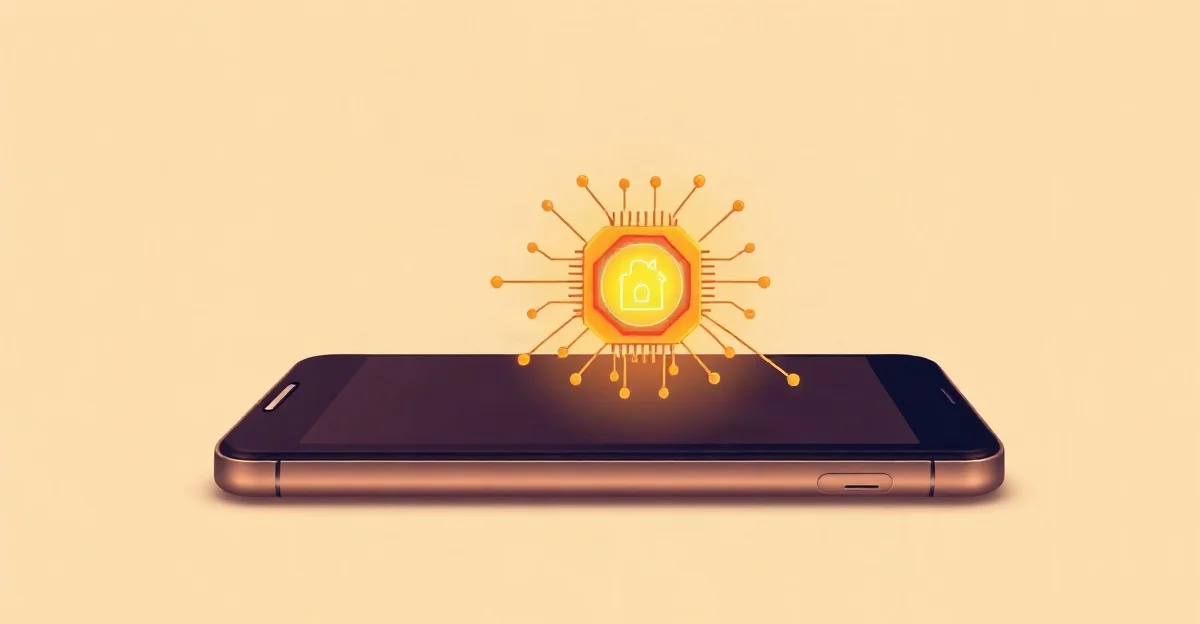 Celular moderno genérico con un símbolo abstracto de chip brillando en su interior y líneas de conexión que salen hacia afuera