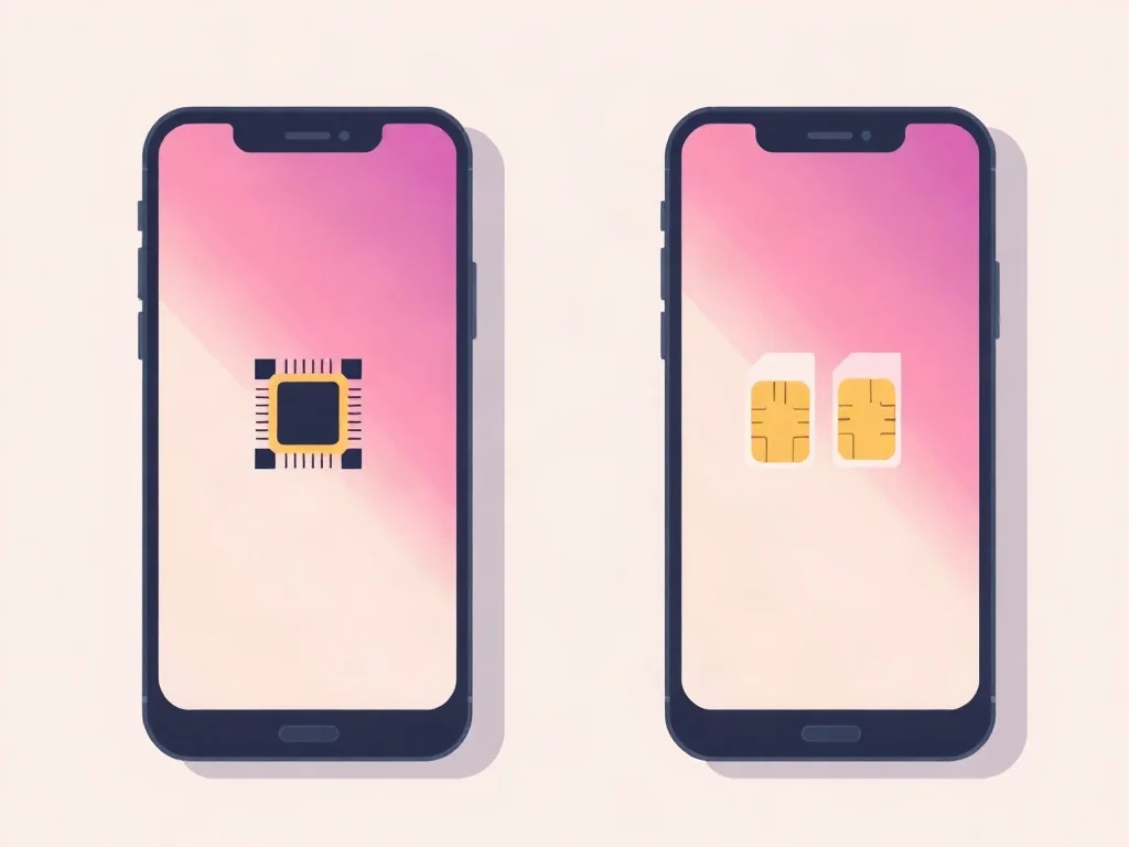 Dos celulares genéricos lado a lado: uno con un chip electrónico y otro con dos bandejas de chip físico
