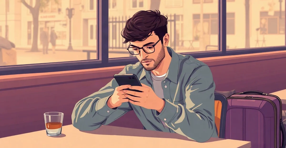 Persona revisando los ajustes de un celular Android genérico sentada en una cafetería, con una maleta a un lado