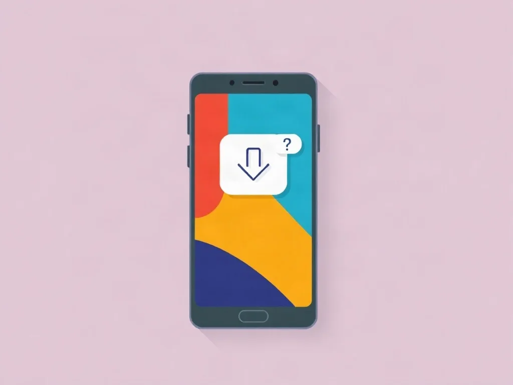 Celular Android genérico con un menú abstracto, una flecha de descarga y un globo de duda