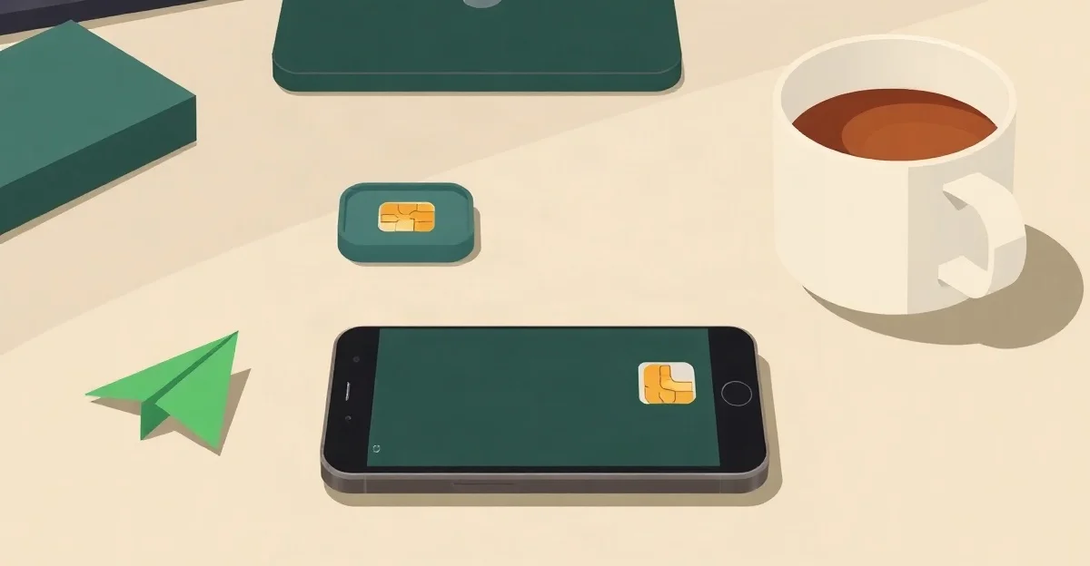 Ilustración de un celular Android sobre un escritorio, junto a una bandeja de chip, un avioncito de papel y una taza de café
