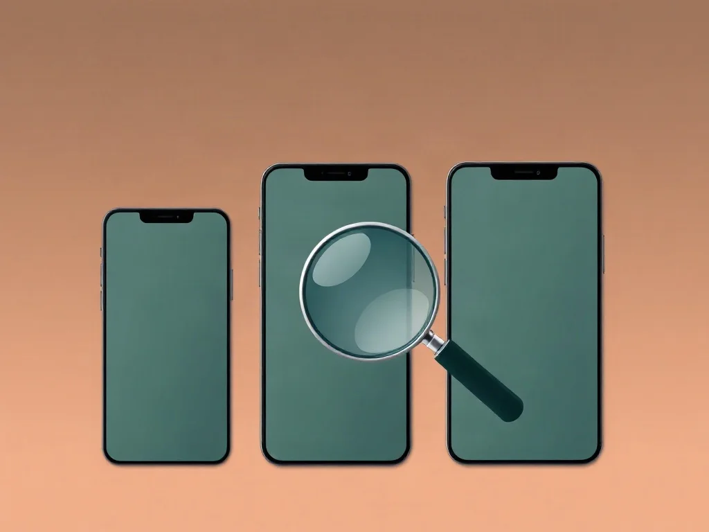 Revisar el modelo concreto Ilustración de tres celulares de distintos tamaños con una lupa sobre uno de ellos, como al revisar un modelo