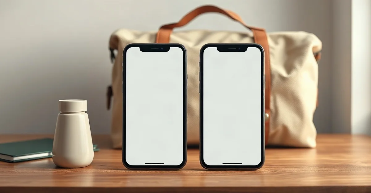 Ilustración de dos celulares casi idénticos, uno junto al otro sobre un escritorio de madera con una bolsa de viaje al fondo