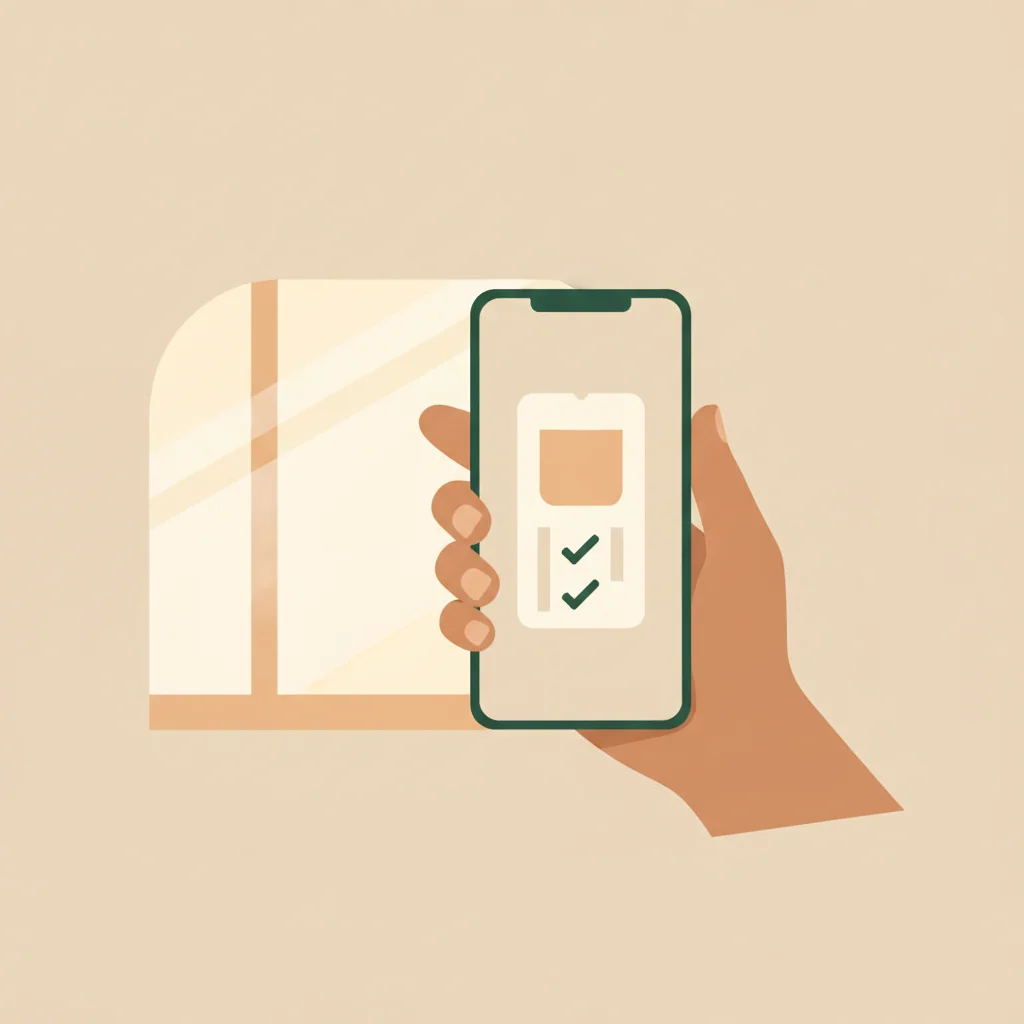 Ilustración de una mano que sostiene un celular con un chip y una lista de tres palomitas, junto a una ventana de aeropuerto