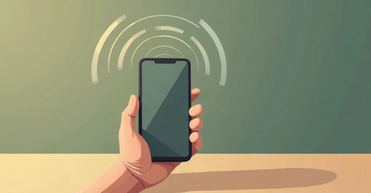 Mano sosteniendo un celular moderno con ondas de señal que salen de la pantalla, sobre un fondo verde suave