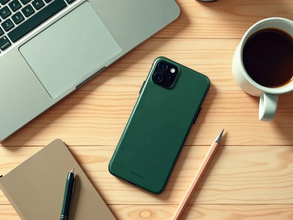 Celular verde sobre un escritorio de madera junto a una laptop, una libreta y una taza de café