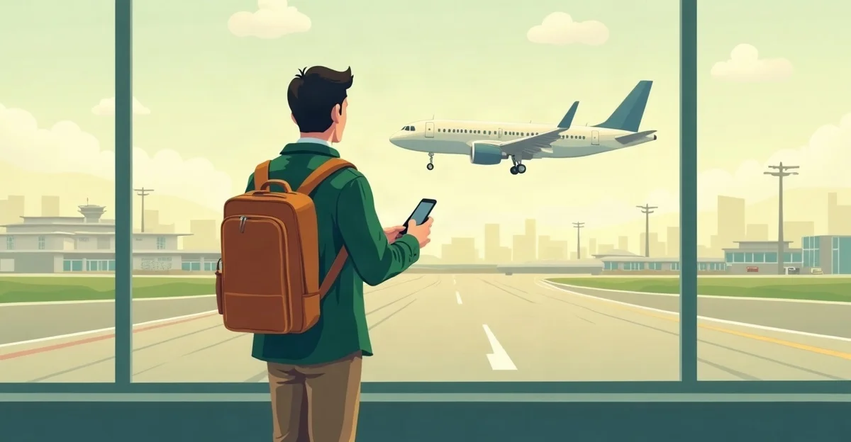 Viajero con mochila visto de espaldas frente a un ventanal de aeropuerto, con un avión despegando y el celular en la mano