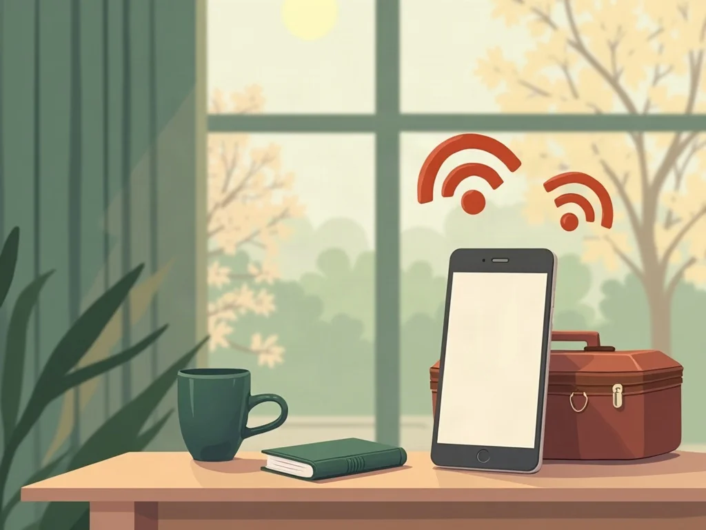 Celular sobre una mesa junto a una taza, un libro y una maleta, con tres ondas de wifi flotando encima