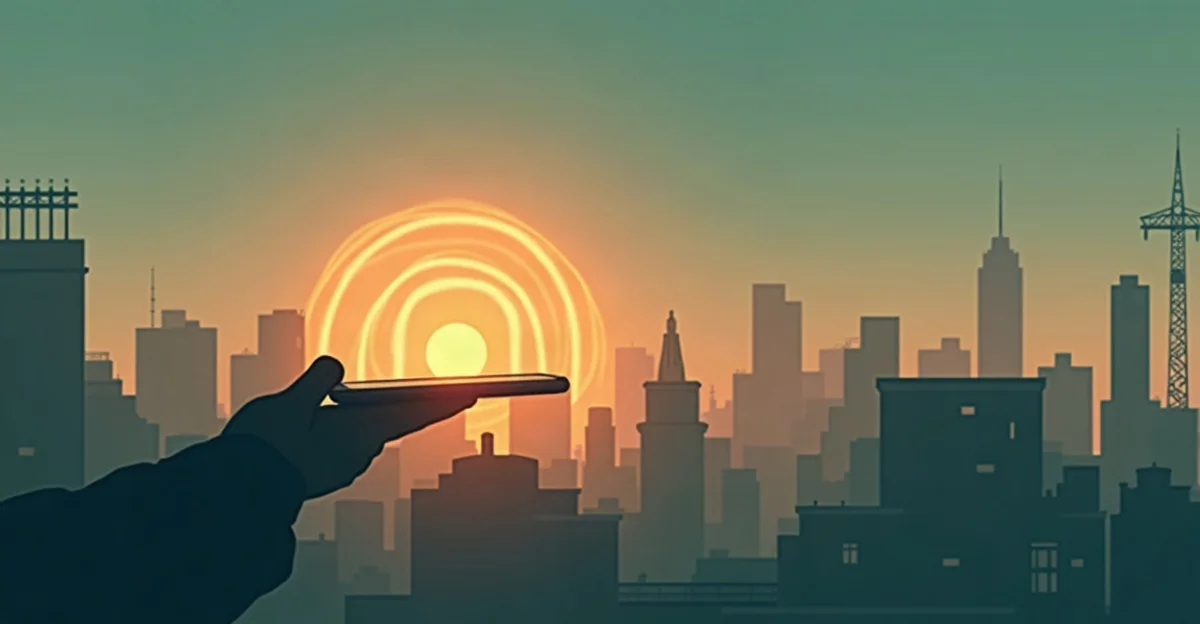 Celular con un arco de señal brillante frente a la silueta de una ciudad al atardecer