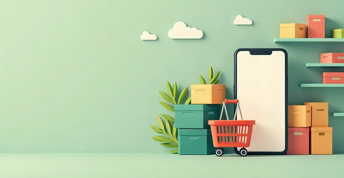 Celular junto a una canasta de compras y repisas con cajas de colores, en una escena de supermercado ilustrada