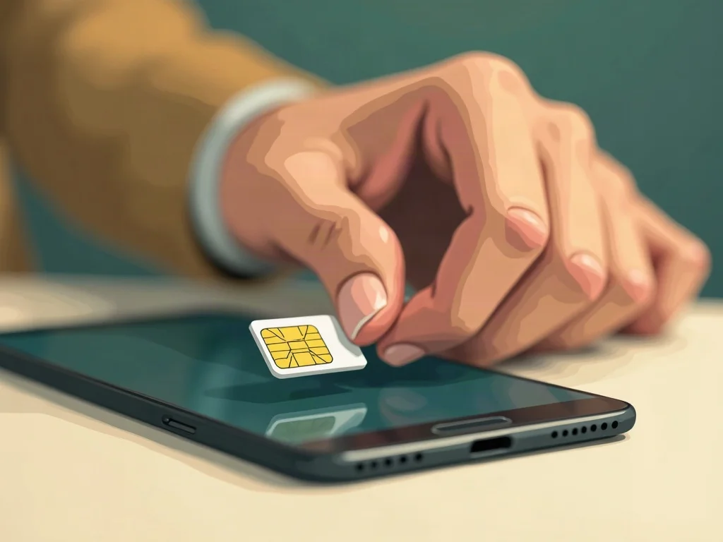 Cambiar chip Bait a eSIM Mano acercando un chip SIM pequeño a un celular sobre una mesa