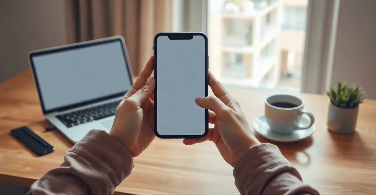 Manos sostienen un celular frente a una laptop y una taza de café mientras se contrata una línea nueva en línea