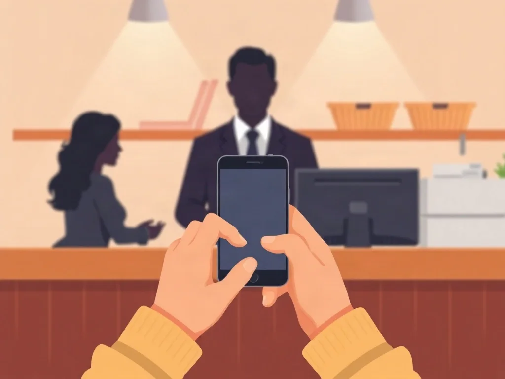 Persona en el mostrador de un centro de atención sostiene su celular mientras una persona de la tienda la asiste, en una ilustración sin rostros