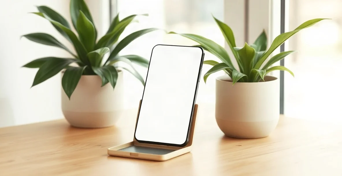 Celular con la pantalla en blanco sobre una mesa de madera junto a dos plantas, con luz suave de ventana