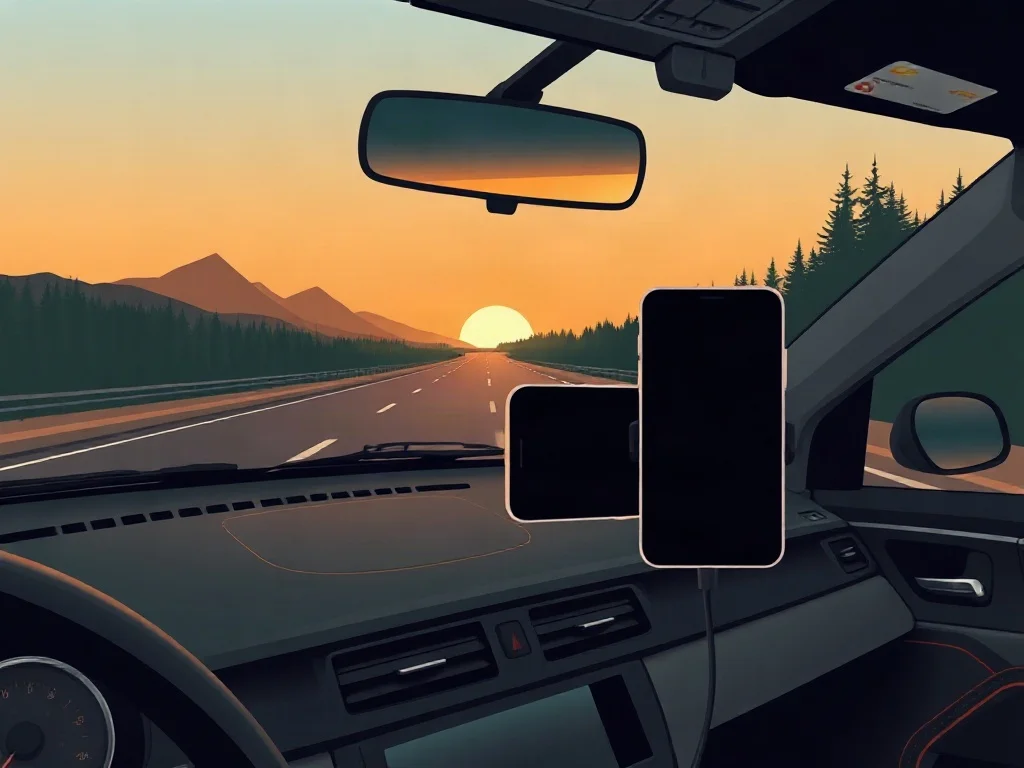 Celular montado en el tablero de un auto durante un viaje por carretera al atardecer, con montañas al fondo