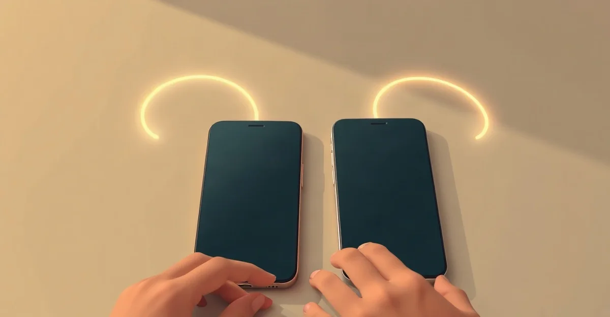 Dos celulares lado a lado sobre una mesa con arcos de luz entre ellos que representan el paso de una línea a otro equipo