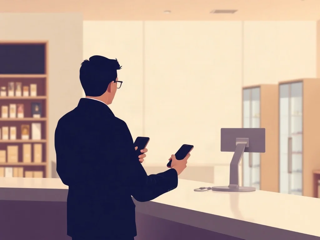 Pedir apoyo en un Centro de Atención a Clientes Ilustración de una persona en el mostrador de una tienda con su celular en la mano, lista para pedir ayuda con la activación