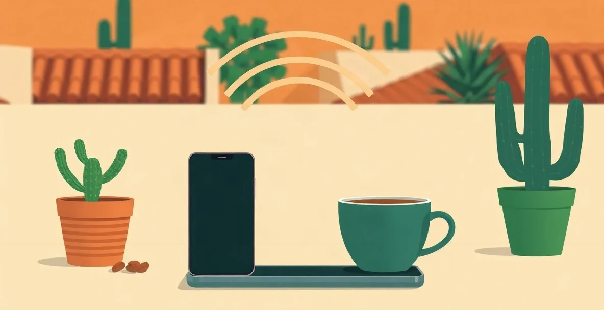 Ilustración de un celular sobre una mesa junto a una taza de café, con arcos de señal encima y techos de teja y cactus al fondo