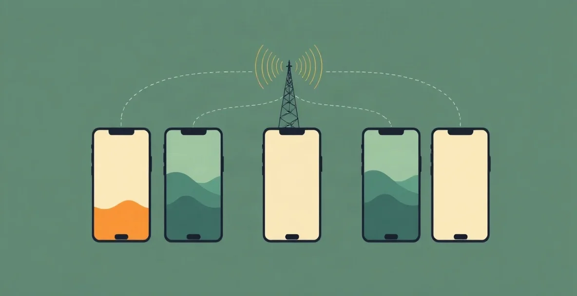 Ilustración de varios celulares en fila conectados con líneas a una torre de señal, para comparar compañías de telefonía