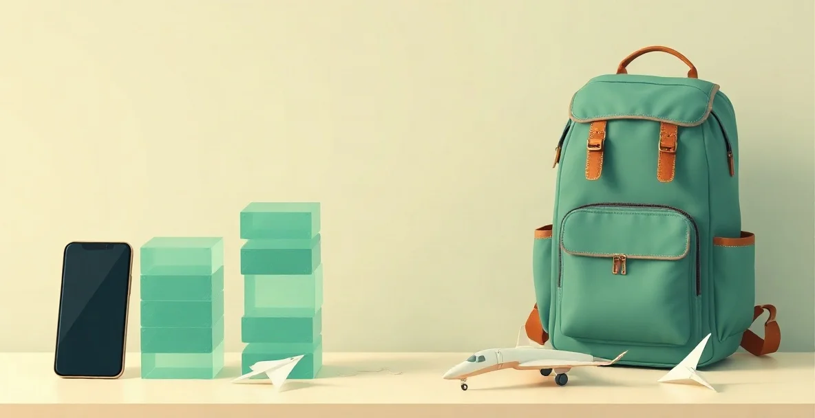 Ilustración de bloques de datos de distinta altura junto a un celular, una mochila de viaje y un avión de papel