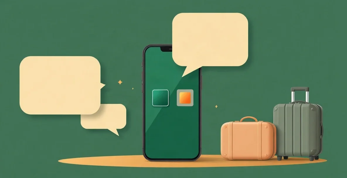 Ilustración de un celular con dos chips lado a lado, uno ámbar y otro verde, burbujas de chat vacías y maletas de viaje