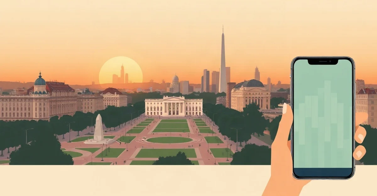 Ilustración de una avenida y plazas de Buenos Aires al atardecer, con un celular que muestra barras de señal en primer plano