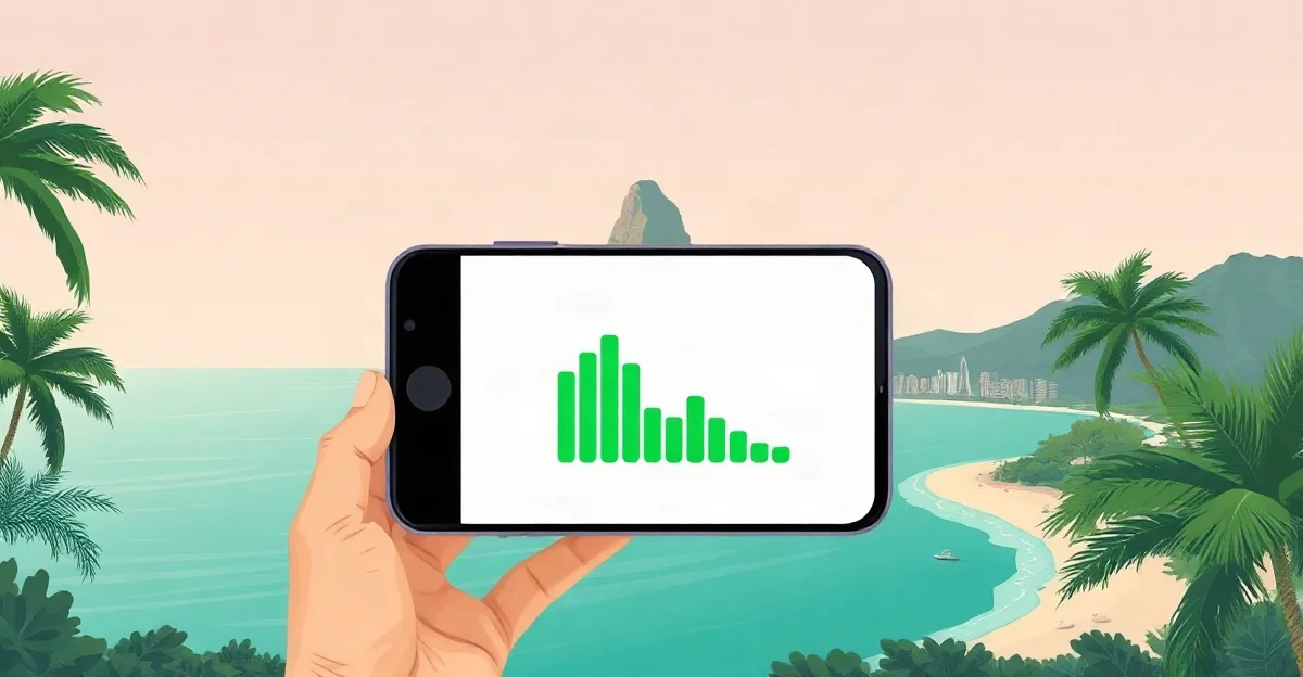 Ilustración de una bahía tropical de Río de Janeiro con palmeras y un celular con barras de señal en primer plano