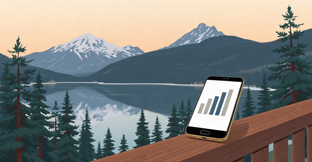 Ilustración de un lago de montaña canadiense con pinos y un celular con barras de señal sobre un barandal de madera