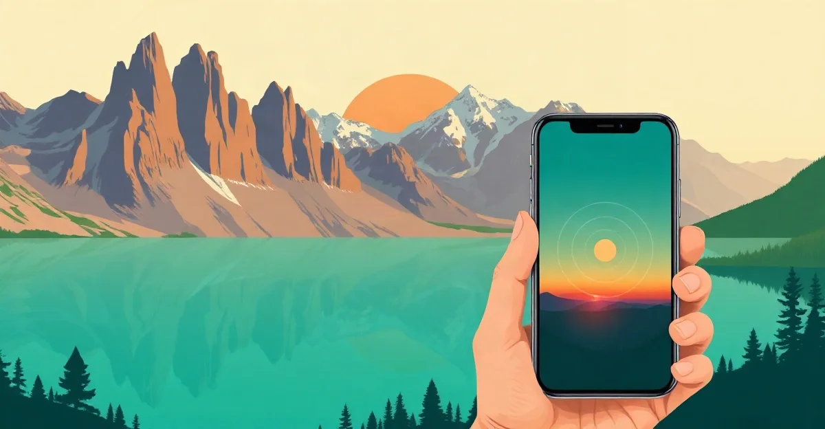 Ilustración de montañas y un lago turquesa de la Patagonia chilena al amanecer, con un celular en la mano
