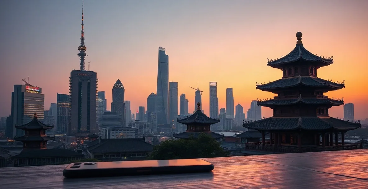 Atardecer sobre una ciudad moderna de China con rascacielos y tejados tradicionales, con un celular en primer plano