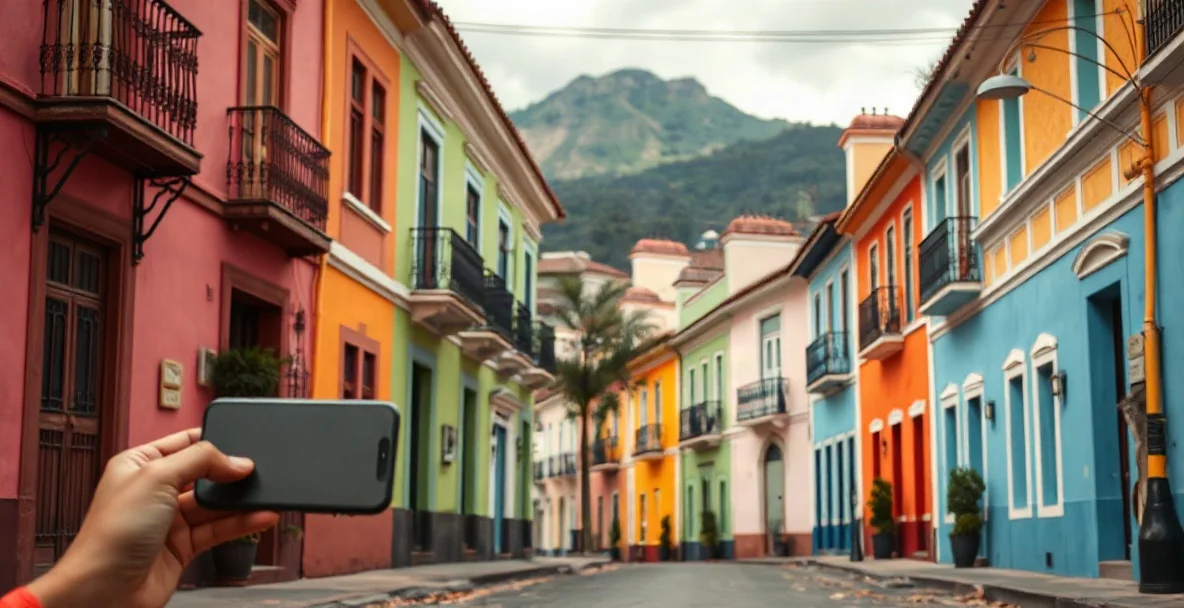 Calle colonial con casas de colores en Bogotá y el cerro de Monserrate al fondo, con un celular en primer plano