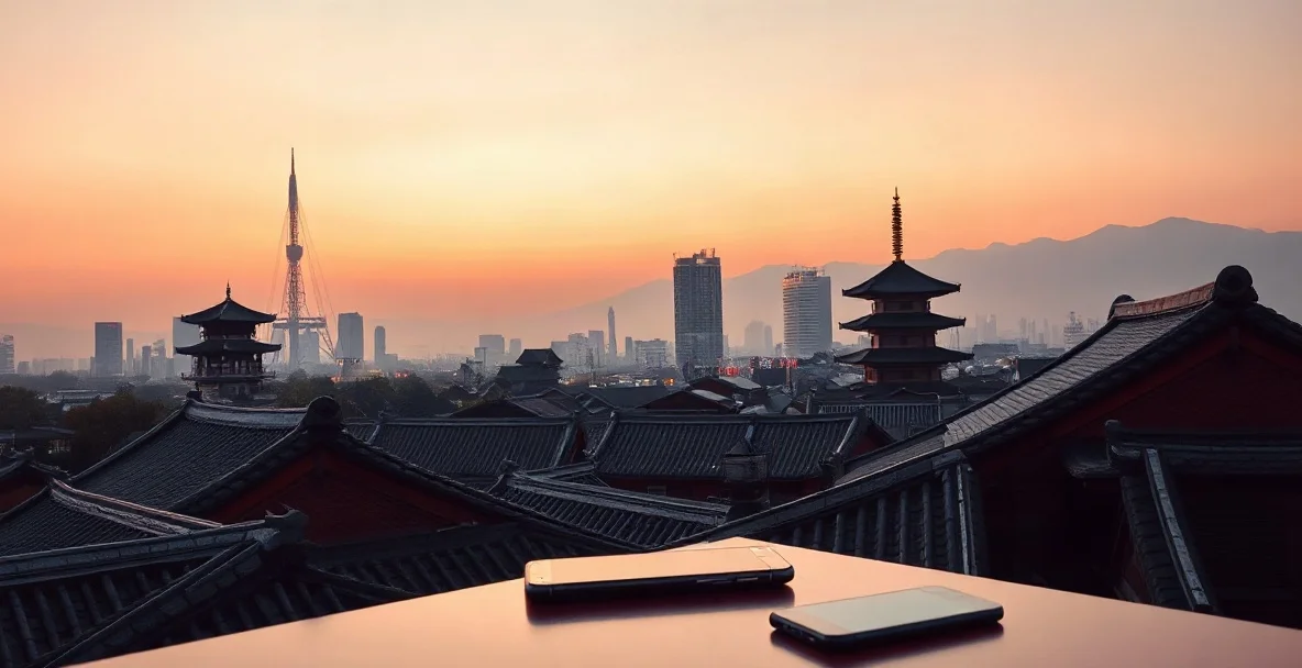 Vista de Seúl al atardecer con tejados y pagodas tradicionales, la torre Namsan al fondo y dos celulares sobre una mesa en primer plano