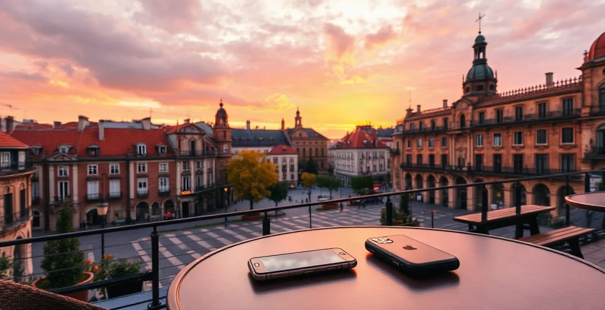 Plaza histórica de Madrid con tejados de terracota al atardecer y dos celulares sobre la mesa de una terraza