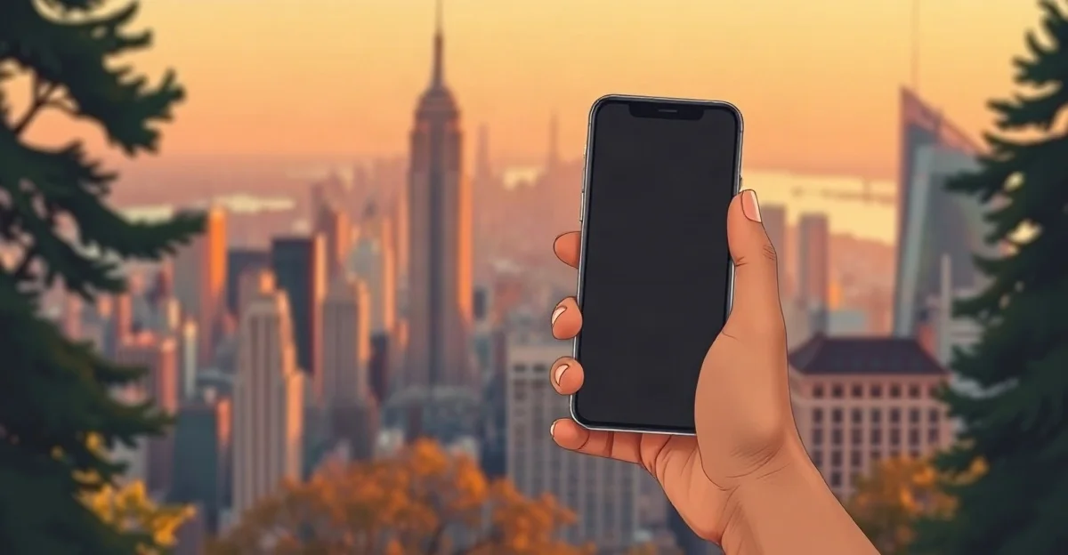 Mano sosteniendo un celular con la pantalla apagada frente al horizonte de rascacielos de una ciudad estadounidense al atardecer