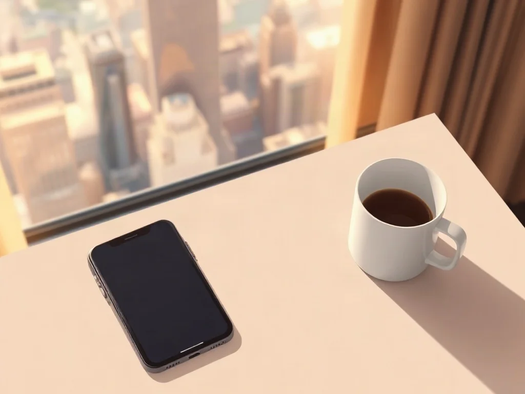 eSIM para Estados Unidos desde México: datos en pesos Celular con la pantalla apagada junto a una taza de café sobre un escritorio de hotel, con rascacielos al otro lado de la ventana