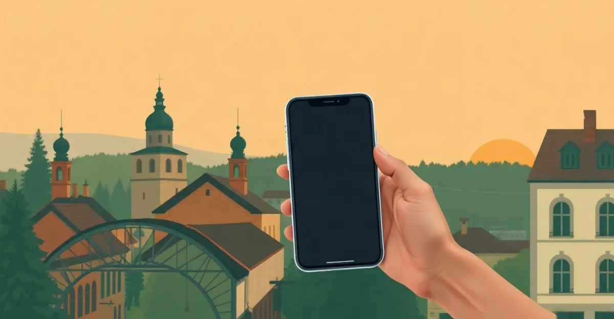 Mano sosteniendo un celular con la pantalla apagada frente a techos y torres de un casco antiguo europeo al amanecer