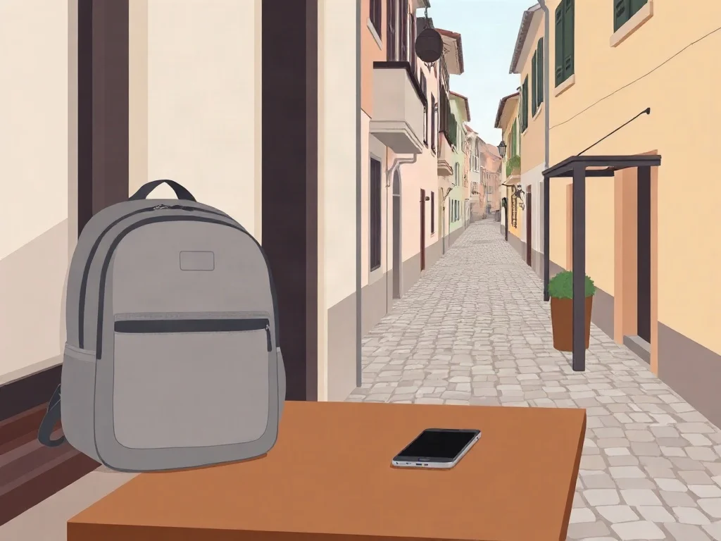 Mochila y celular con la pantalla apagada sobre una mesa de cafetería junto a una calle empedrada europea
