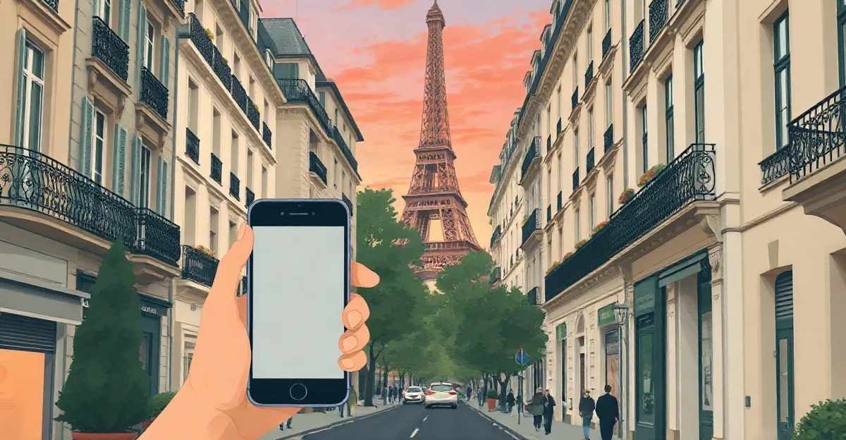 Mano sosteniendo un celular con la pantalla en blanco en una avenida parisina con edificios de balcones de hierro y la Torre Eiffel al fondo
