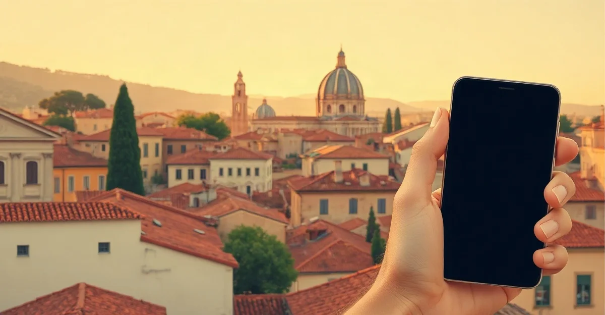 Mano sosteniendo un celular con la pantalla apagada frente a techos de terracota y una cúpula al atardecer en una ciudad italiana