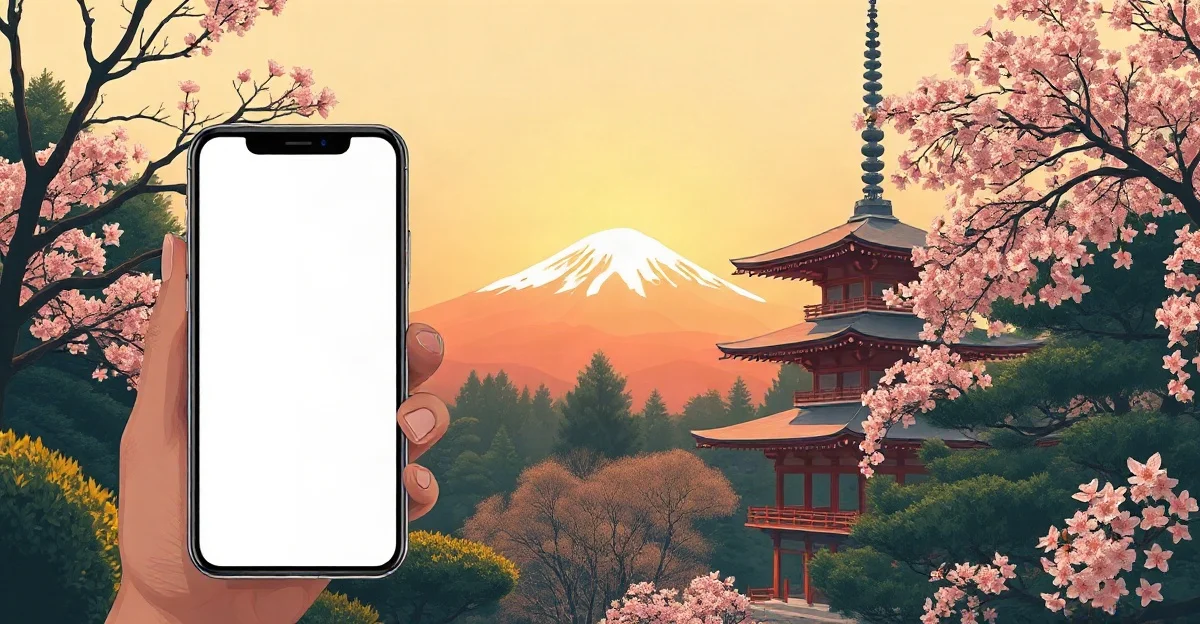Ilustración de una pagoda japonesa entre cerezos en flor con el monte Fuji al atardecer y un celular con la pantalla en blanco